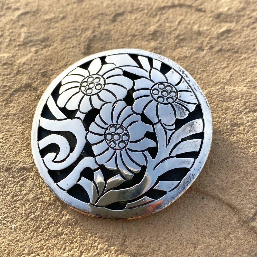 Vintage Mexico Sterling Silver CII Cut-Out Flower Overlay Brooch and Pendant